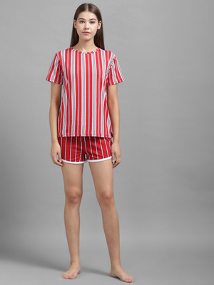 KOTTY Women Striped Red Top & Shorts Set