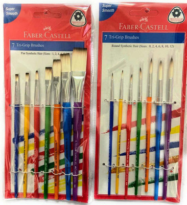 FABER-CASTELL 7 TRI GRIP ROUND + FLAT BRUSH SET COMBO FOR (MULTICOLOR)(Set of 2, Multicolor)