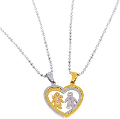 Devora 2pcs His and Hers Heart-shape girl & boy I Love You Couple chain pendent Rhodium Stainless Steel Pendant Set