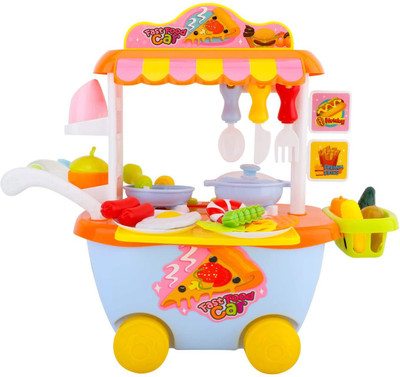 MGT CREATION Kitchen Playset Fast Food Car | Baby Cookware Play Set with Light & Sound/Kitchen Set Cooking Toy with Car -34 Pieces