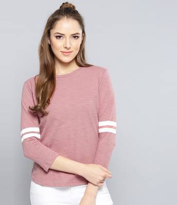 Harpa Casual Regular Sleeve Solid Women Pink Top