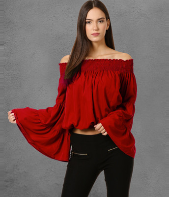 Oomph! Casual Bell Sleeve Solid Women Red Top