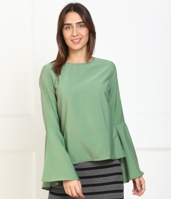 Tokyo Talkies Casual Bell Sleeve Solid Women Green Top