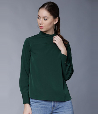 Tokyo Talkies Casual Cuffed Sleeve Solid Women Dark Green Top