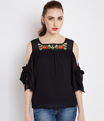 RARE Casual 3/4 Sleeve Solid Women Black Top