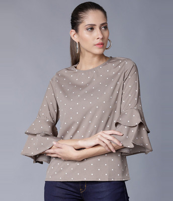 Tokyo Talkies Casual Flute Sleeve Printed Women White, Brown Top