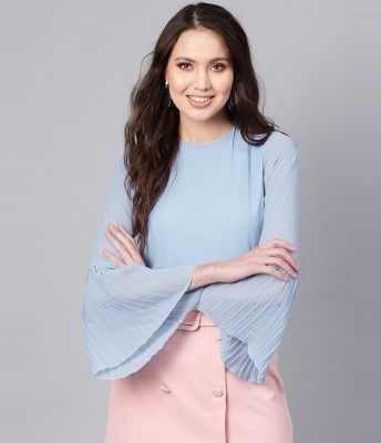 SASSAFRAS Casual Bell Sleeve Solid Women Blue Top