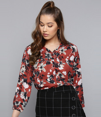 HARPA Casual Regular Sleeve Printed Women Red Top