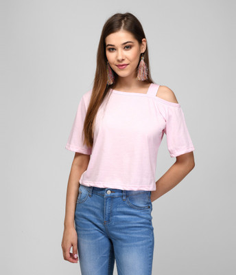 Neoen Casual Cold Shoulder Solid Women Pink Top