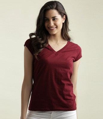 Miss Chase Casual Cap Sleeve Solid Women Maroon Top
