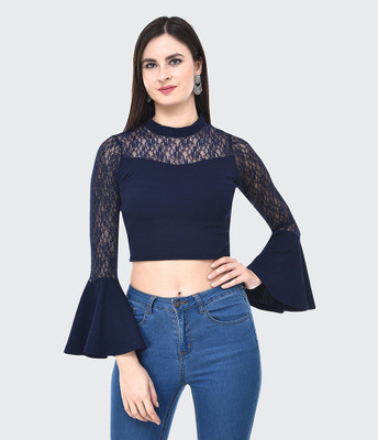 BuyNewTrend Casual Bell Sleeve Solid, Lace Women Dark Blue Top