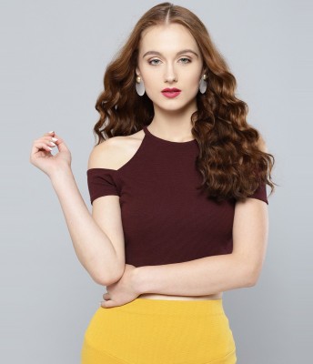 VENI VIDI VICI Casual Cold Shoulder Solid Women Maroon Top