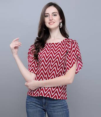 Casual Petal Sleeves Printed Women Red, White Top