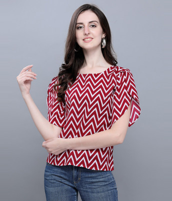 Selvia Casual Petal Sleeve Printed Women Red, White Top