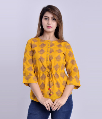 DUENITE Casual Slit Sleeve Printed Women Yellow Top