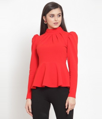 KASSUALLY Casual Puff Sleeve Solid Women Red Top