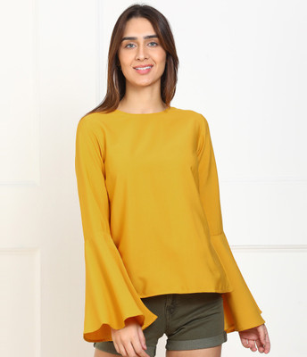 Tokyo Talkies Casual Bell Sleeve Solid Women Yellow Top