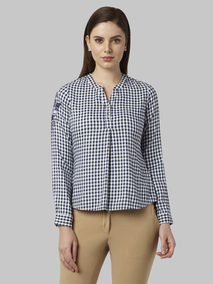 PARK AVENUE Casual Full Sleeve Checkered Women White, Blue Top