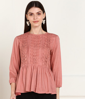 Tokyo Talkies Casual 3/4 Sleeve Lace Women Pink Top