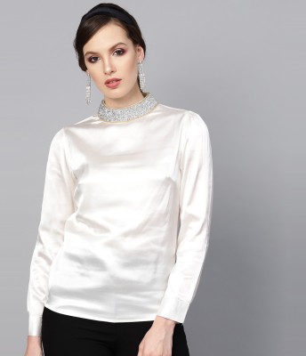 SASSAFRAS Party Cuffed Sleeve Solid Women White Top