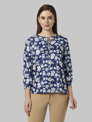 PARK AVENUE Casual 3/4 Sleeve Floral Print Women Blue Top
