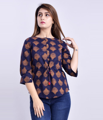 DUENITE Casual Cuffed Sleeve Printed Women Blue, Brown Top