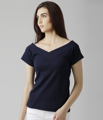 Miss Chase Party Short Sleeve Solid Women Dark Blue Top