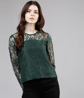 Tokyo Talkies Casual Full Sleeve Self Design Women Green Top