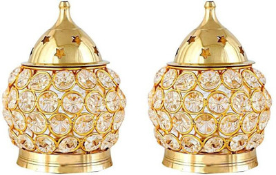 Fashion Bizz 2 Pcs Brass Diwali Deepak On Stand Diya , Crystal Diya Table Diya Decorative Showpiece  -  10 cm(Brass, Crystal, Gold)