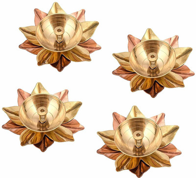 Fashion Bizz Brass Akhand Lotus/Kamal Diya | Akhand Jyot | Magical Lantern Brass Diya Brass, Copper (Pack of 4) Table Diya(Height: 1.5 inch)