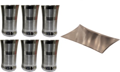 Dynore Set of 6 peach drinking glass and 6 glass tray Glass Tray Set(Stainless steel)