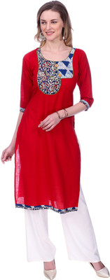 Jevi Prints Women Solid Straight Kurta(Red)