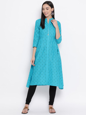 Span Women Printed A-line Kurta(Light Blue)