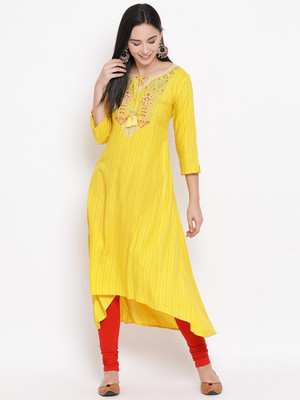 Span Women Embroidered A-line Kurta(Yellow)
