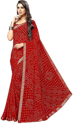 REBOOT FASHIONS Printed Bandhani Chiffon Saree(Red)