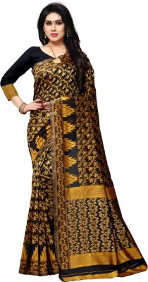 DK FASHION Printed Banarasi Cotton Silk Saree(Yellow, Black)