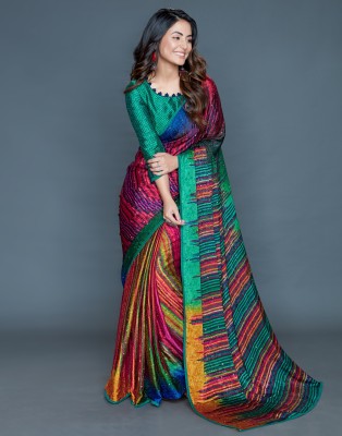 SAARA Graphic Print, Embellished, Printed Fashion Crepe Saree(Multicolor)