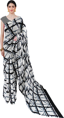 NIKHILAM Printed Daily Wear Pure Cotton Saree(Black, White)