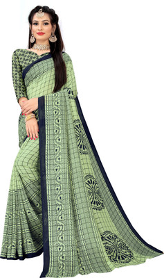 FESHILIOUS Checkered, Geometric Print, Printed, Self Design, Applique Daily Wear Vichitra, Silk Blend Saree(Green)