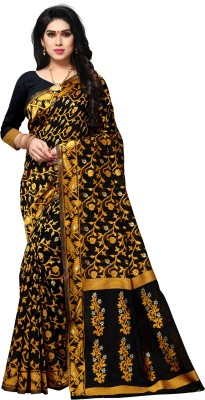 DK FASHION Floral Print, Printed Banarasi Cotton Silk Saree(Yellow, Black)