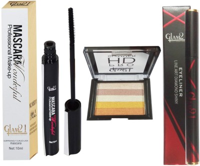 Glam21 1 RED SHINY WATERPROOF EYELINER ( 2.5 ML) + 1 WONDERFUL PROFESSIONAL MAKE UP MASCARA ( 10 ML) + 1 PRO HD SHIMMER BRICK EYESHADOW ( 7.5 GM)(3 Items in the set)