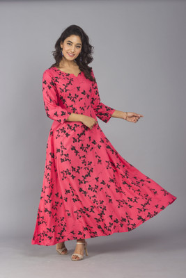 FrionKandy Women Fit and Flare Pink Maxi/Full Length Dress