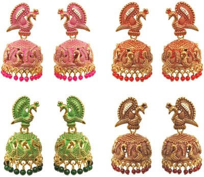 Happy Stoning Non-Precious Metal Peacock Drop Jhumkis for Women Beads Brass Jhumki Earring