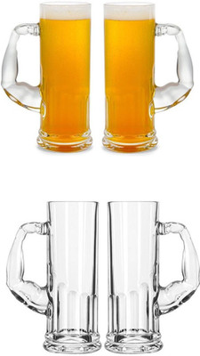 AFAST (Pack of 4) Funky Design Large Beer Mug With Handel, Transparent- B7 Glass Set Beer Mug(400 ml, Glass, Clear)