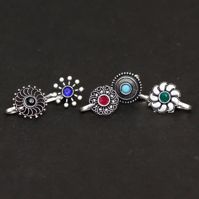 AHOORA Crystal Black Silver Plated Alloy Nose Stud Set(Pack of 5)