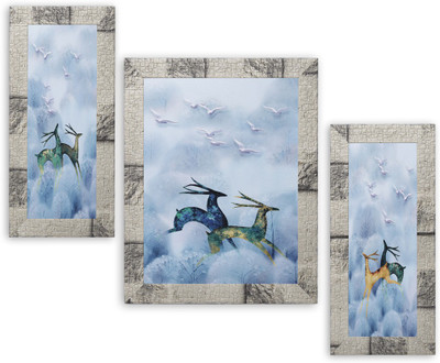 Indianara Set of 3 Running Deer Paintings (2974) without glass Digital Reprint 13 inch x 22.2 inch Painting(With Frame, Pack of 3)