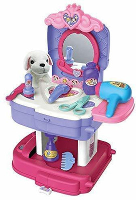 DEUSON ECOM 2 in 1 School Bag Turn into Makeup Play Set Toy for Kids with Light and Accessories Portable Musical Suitcase 34 Pcs for Girls (Makeup Play Set)