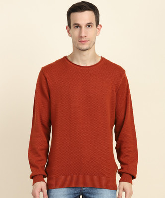 Arrow Sport Self Design Round Neck Casual Men Orange Sweater