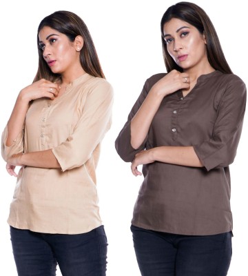 FABISHO Casual 3/4 Sleeve Solid Women Brown, Beige Top