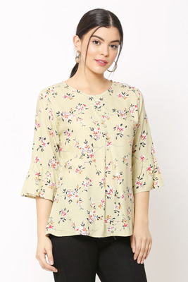 Micro Mount Casual Bell Sleeve Floral Print Women Yellow Top